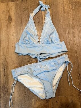 Vintage Hot Kiss 2 Piece Light Blue Eyelet Bikini Set M/L